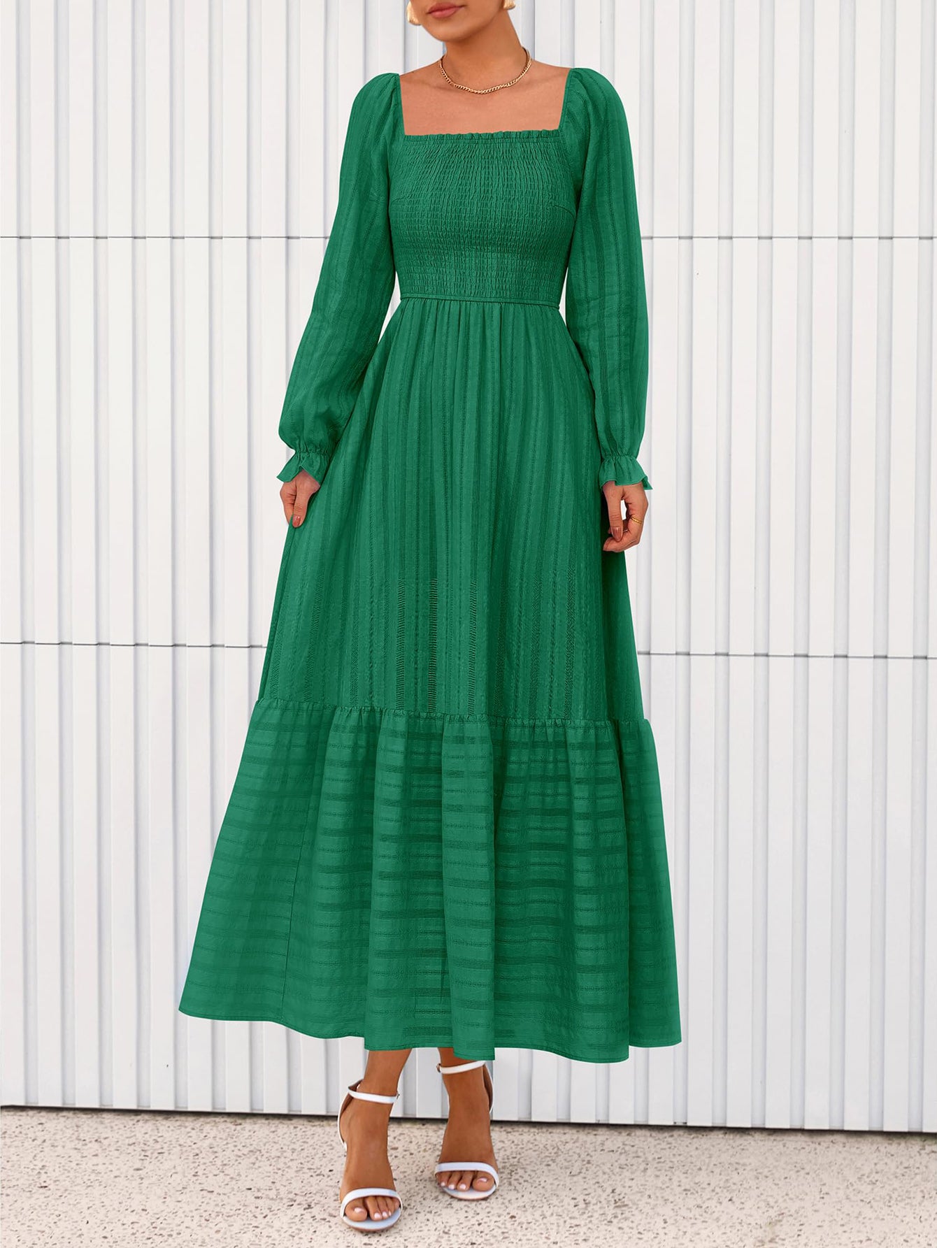 BTFBM Women Maxi Fall Dresses Long Sleeve Solid Color Square Neck Smocked Boho Long Wedding Guest Dress