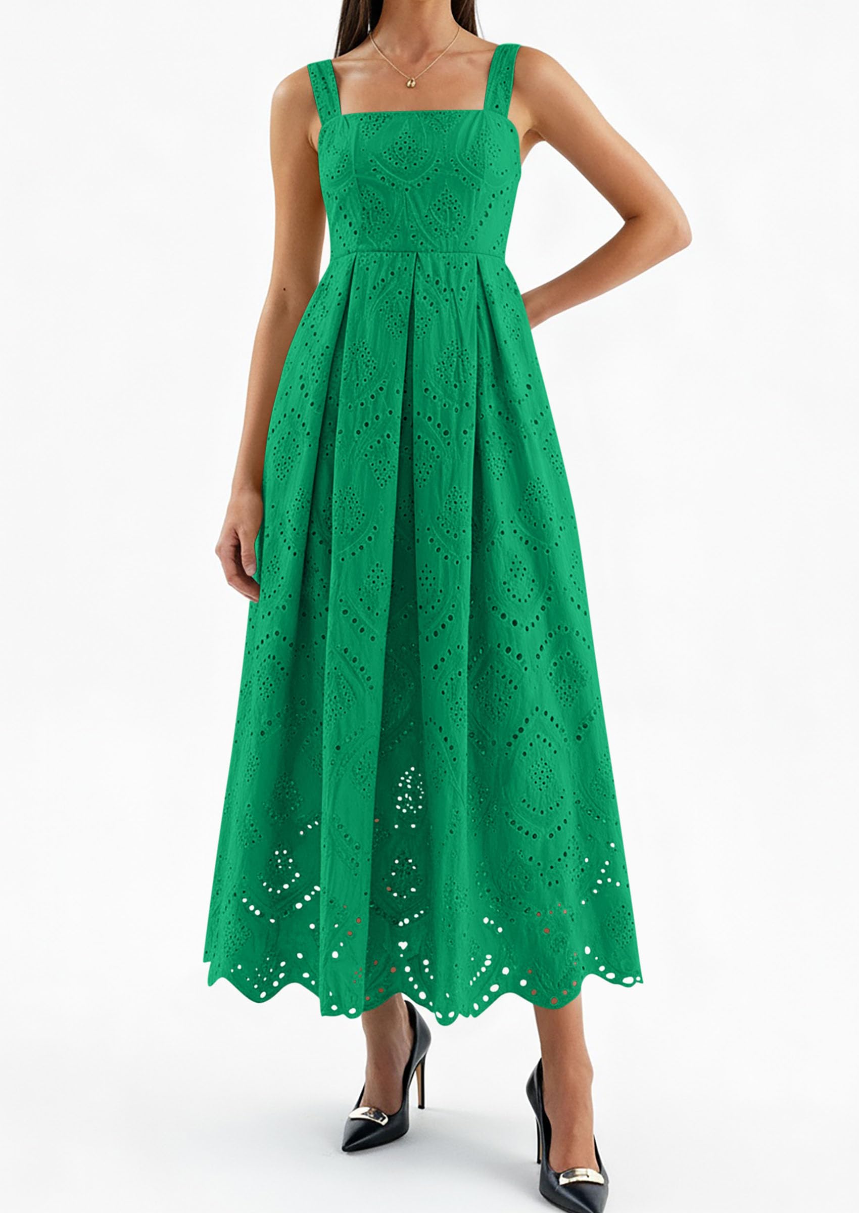 PRETTYGARDEN Womens Sleeveless Maxi Summer Dresses Hollow Out Eyelet Square Neck Ruffle Flowy Beach Vacation Sundress PRETTYGARDEN