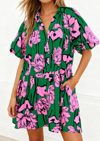 PRETTYGARDEN Womens Summer Dresses 2026 Casual Puff Sleeve Button Down Mini Shirt Dress Boho Floral Babydoll Sun Dress PRETTYGARDEN