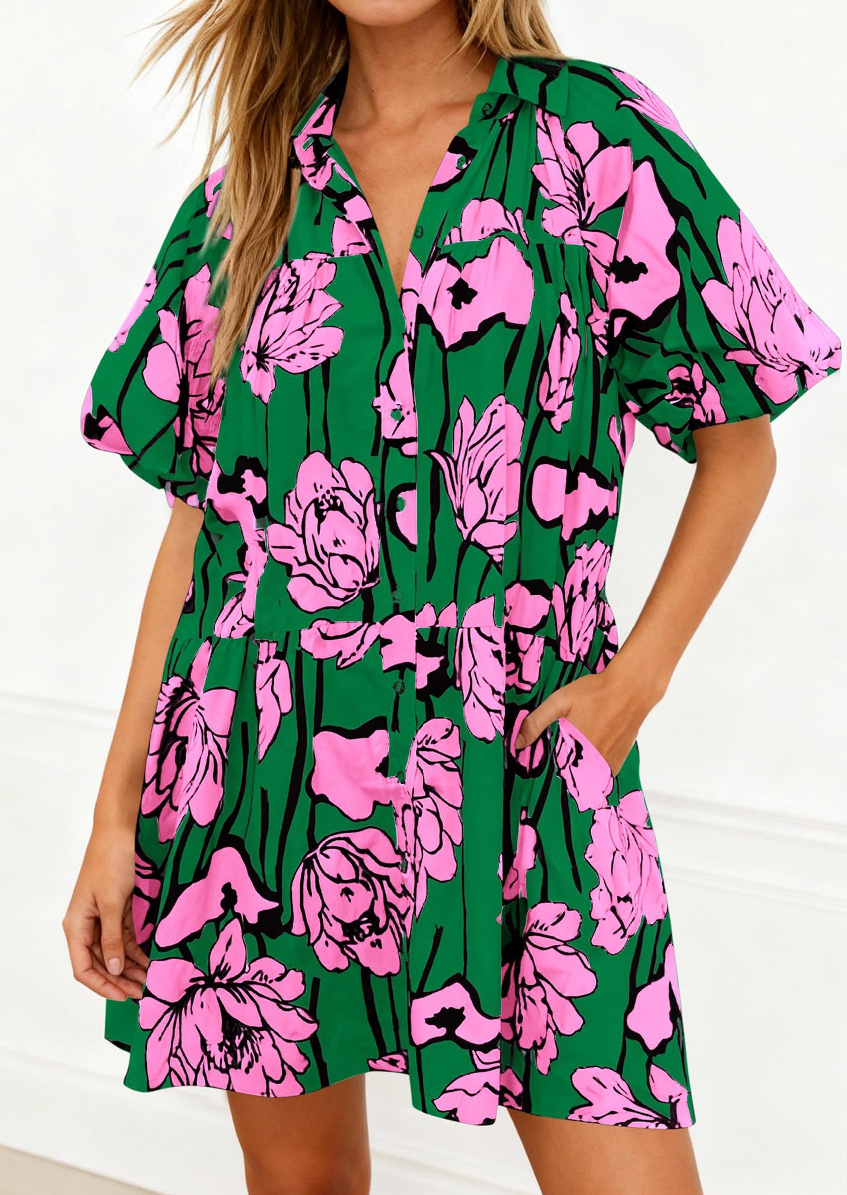 PRETTYGARDEN Womens Summer Dresses 2026 Casual Puff Sleeve Button Down Mini Shirt Dress Boho Floral Babydoll Sun Dress PRETTYGARDEN