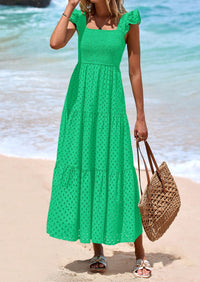 PRETTYGARDEN Womens Square Neck Maxi Dresses Cap Sleeve Eyelet Smocked Tiered A Line Flowy Long Dress with Pockets