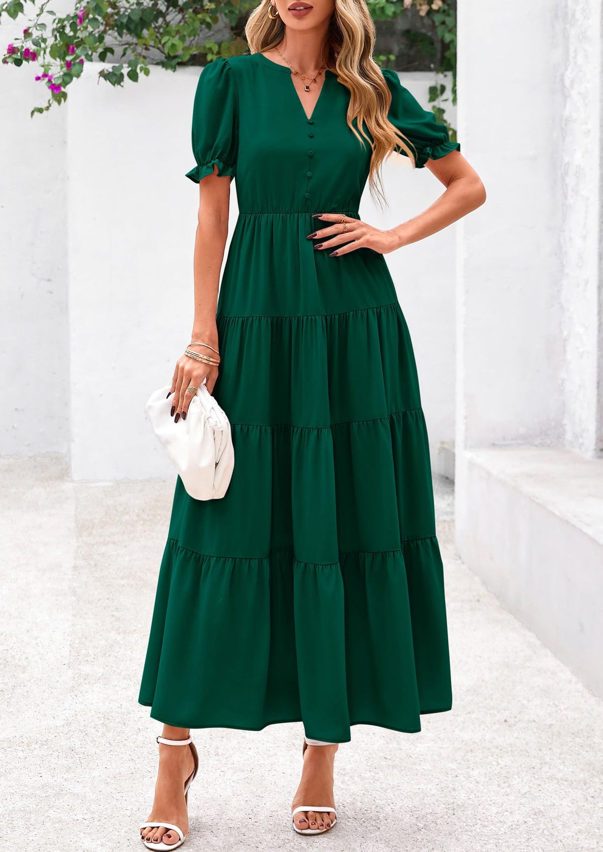 Women's Casual Summer Maxi Dress 2025 Spring Short Sleeve V Neck Tiered Flowy Beach Vacation Dress with Pockets