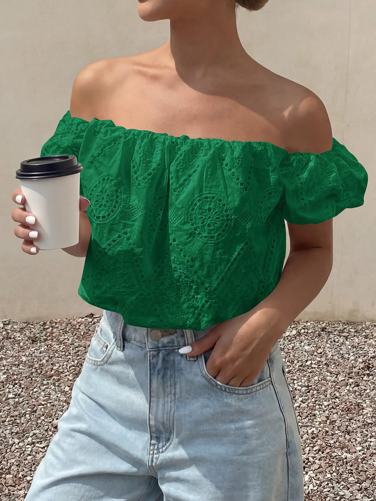 PRETTYGARDEN Women's Summer Off The Shoulder Tops Dressy Casual Puff Short Sleeve Embroidered Eyelet Cute Blouse Shirts PRETTYGARDEN