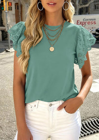 PRETTYGARDEN Womens Tops Dressy Casual Hollow Out Short Sleeve Summer Basic Tees Crewneck T Shirts Trendy Work Blouse PRETTYGARDEN