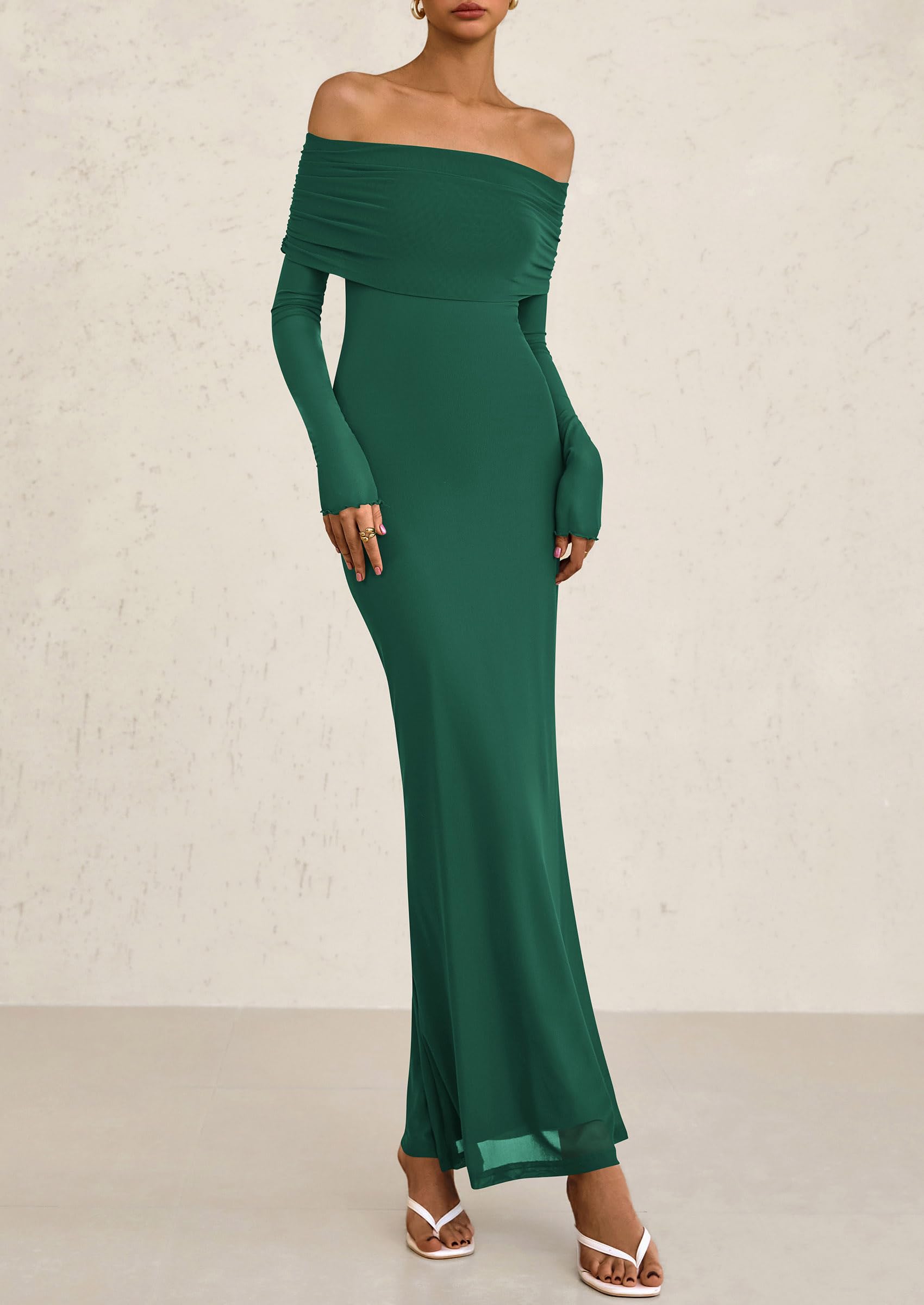 PRETTYGARDEN Off The Shoulder Dresses for Women Mesh Long Sleeve Baby Shower Formal Wedding Guest Dress