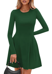 PRETTYGARDEN Long Sleeve Mini Dress for Women Fall Crewneck Knit Pleated Babydoll A Line Soft Casual Short Party Dresses PRETTYGARDEN