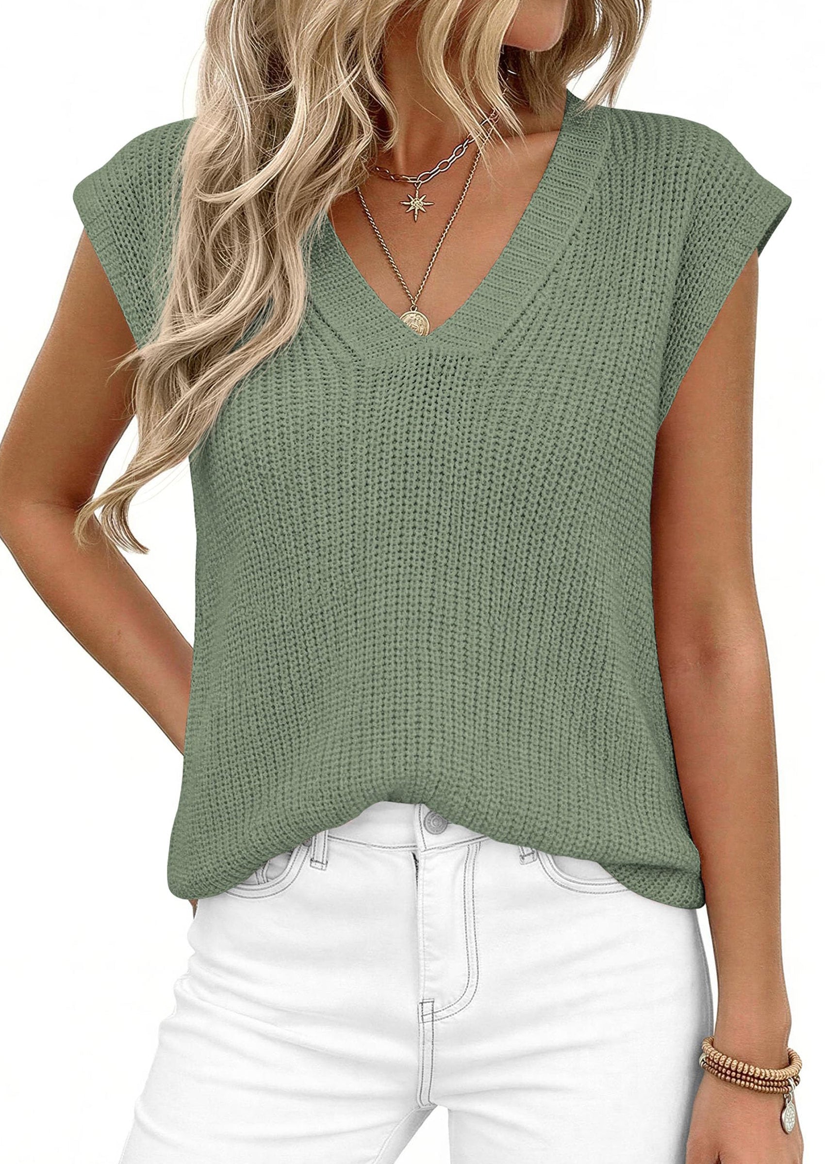 PRETTYGARDEN Women's Lightweight Sweaters Vest Spring Trendy Cap Sleeve V Neck Knit Tank Tops Summer Going Out Outfits PRETTYGARDEN