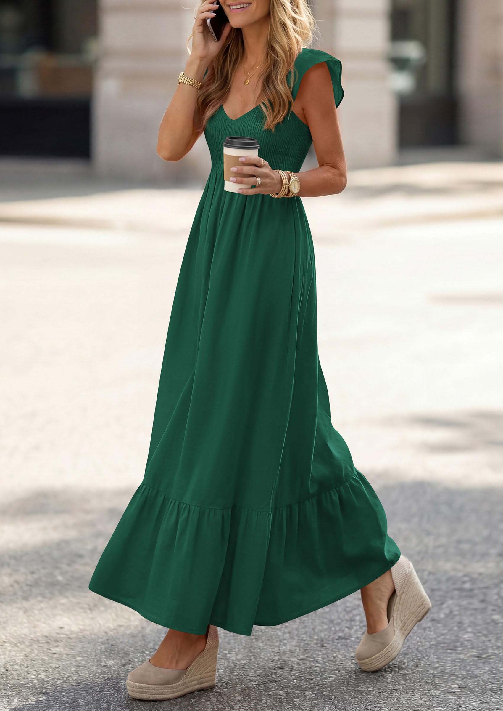 PRETTYGARDEN Women's Summer Casual Maxi Dresses Cap Sleeve V Neck Smocked Long Pockets Party Sundress Vacation Outfits PRETTYGARDEN