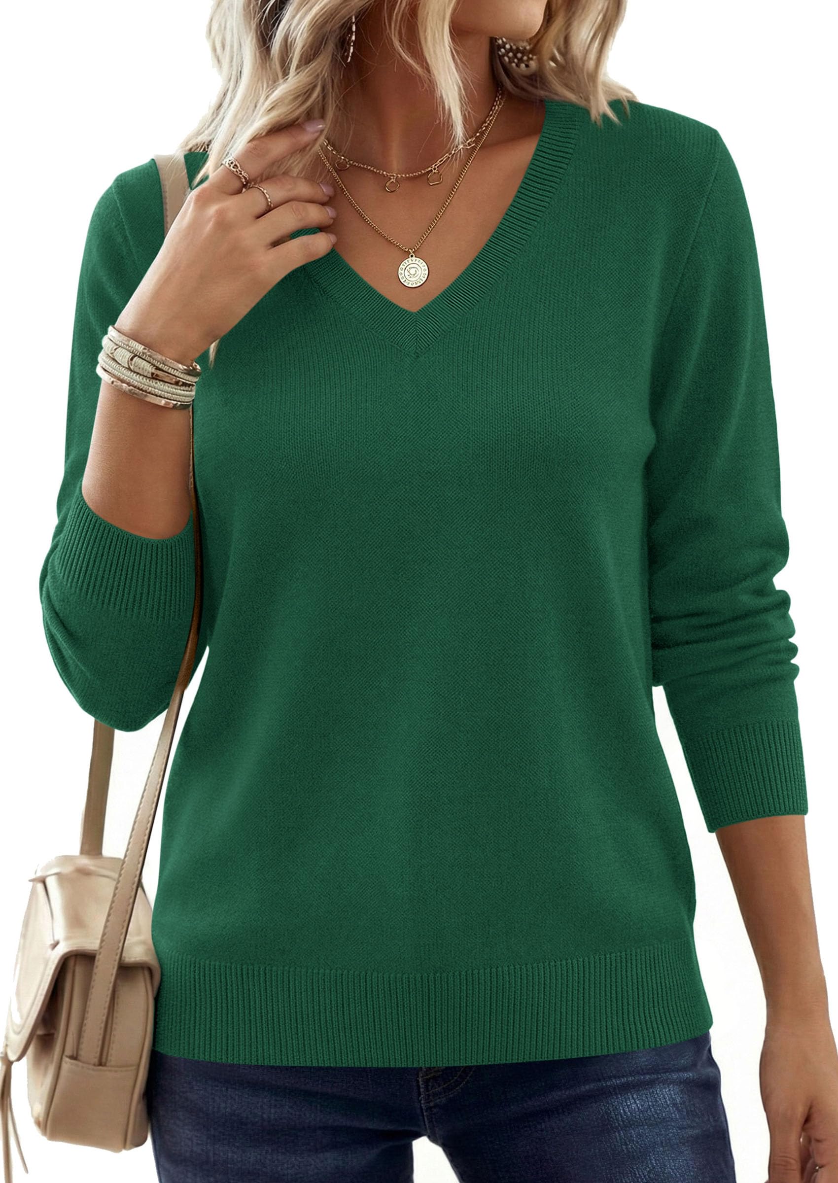 PRETTYGARDEN Women's V Neck Sweaters Fall Casual Long Sleeve Classic Pullover Cozy Knit Tops Loose Basic Winter Clothing PRETTYGARDEN