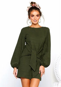 PRETTYGARDEN Womens Fall Elegant Long Lantern Sleeve Short Dress Wedding Guest Crewneck Tie Waist Knit Cocktail Dresses PRETTYGARDEN