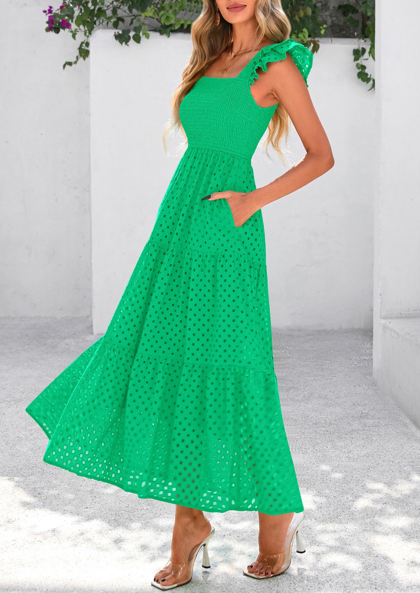 Womens Summer Square Neck Maxi Dresses Cap Sleeve Eyelet Smocked Tiered A Line Flowy Long Dress with Pockets