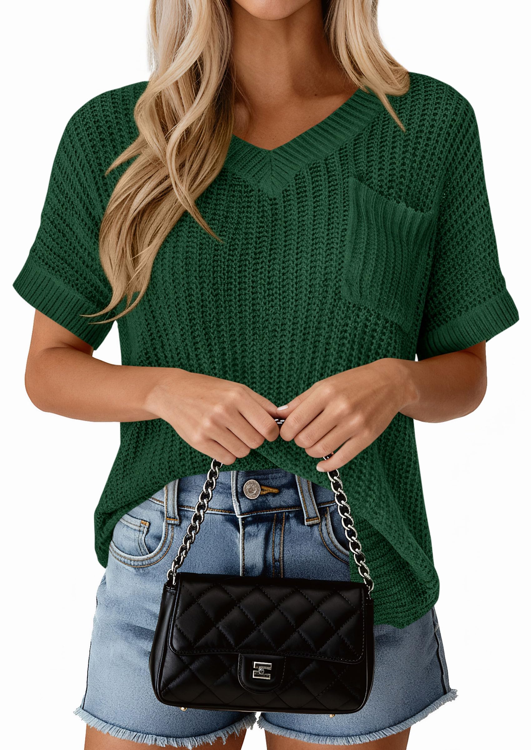 PRETTYGARDEN Women's Spring Short Sleeve Sweaters Lightweight V Neck Casual Going Out Summer T PRETTYGARDEN