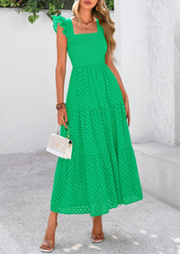 Womens Summer Square Neck Maxi Dresses Cap Sleeve Eyelet Smocked Tiered A Line Flowy Long Dress with Pockets