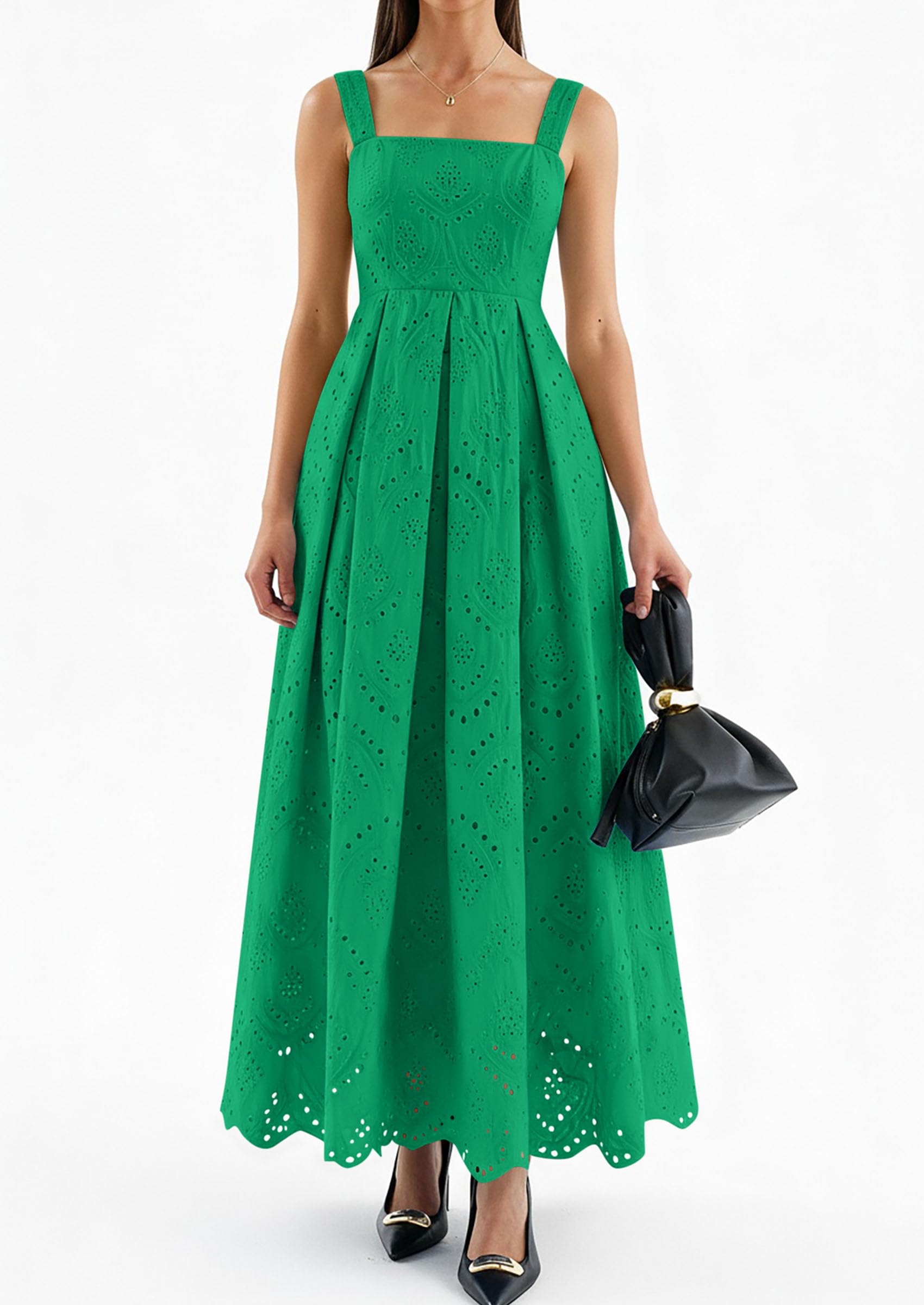 PRETTYGARDEN Womens Sleeveless Maxi Summer Dresses Hollow Out Eyelet Square Neck Ruffle Flowy Beach Vacation Sundress PRETTYGARDEN