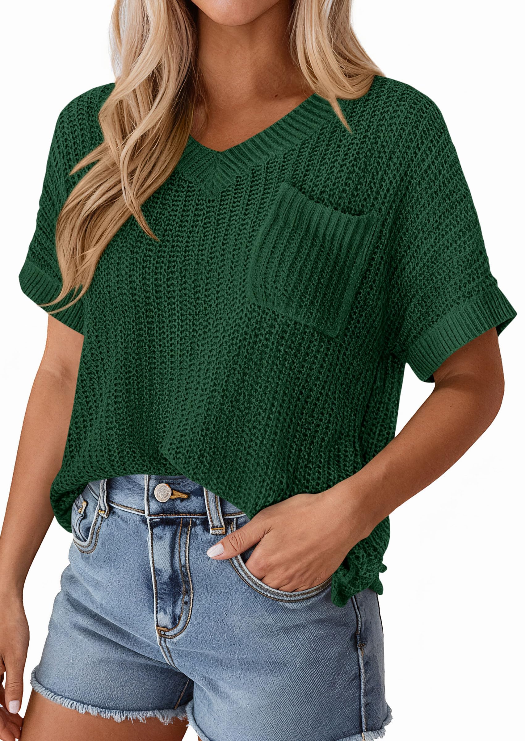 PRETTYGARDEN Women's Spring Short Sleeve Sweaters Lightweight V Neck Casual Going Out Summer T PRETTYGARDEN