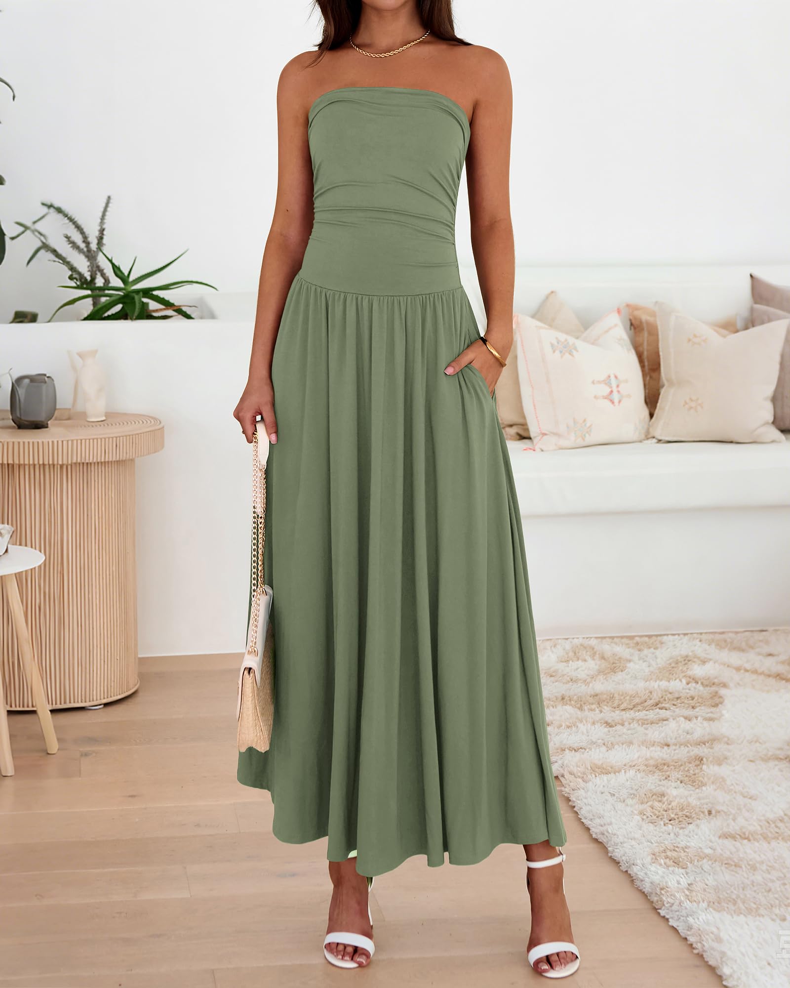 BTFBM Summer Maxi Dresses for Women Strapless Ruched Tube Top Beach Vacation Spring Wedding Guest Dress Pockets PRETTYGARDEN