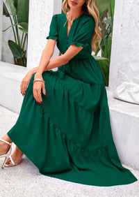 Women's Casual Summer Maxi Dress 2025 Spring Short Sleeve V Neck Tiered Flowy Beach Vacation Dress with Pockets