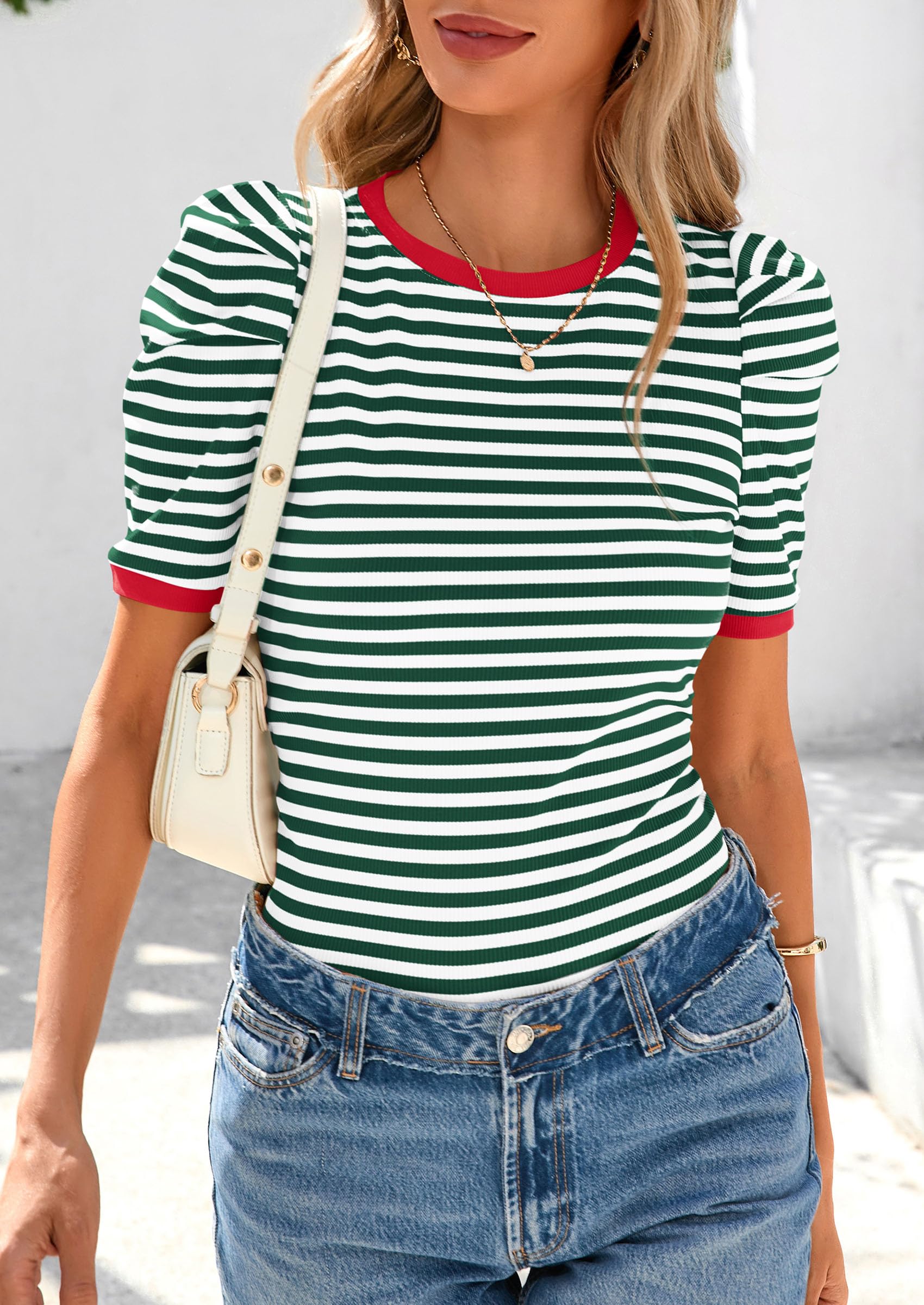 PRETTYGARDEN Women's Summer Puff Sleeve Tops Casual Ribbed Knit Crop Top Color Block Trendy Crewneck Striped Shirts