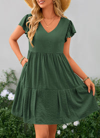 Summer Casual Cap Sleeve V Neck Tiered Ruffle Swing A Line Dresses