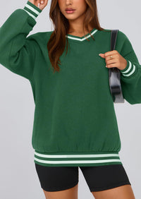 PRETTYGARDEN Women's Oversized Sweatshirts Casual Long Sleeve Stripes Knit V Neck Pullover Top Fall Teens Preppy Clothes