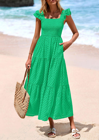 PRETTYGARDEN Womens Square Neck Maxi Dresses Cap Sleeve Eyelet Smocked Tiered A Line Flowy Long Dress with Pockets