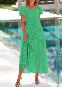 PRETTYGARDEN Dresses for Women Eyelet Square Neck Puff Sleeve Smocked Wedding Guest Maxi Dress with Pockets