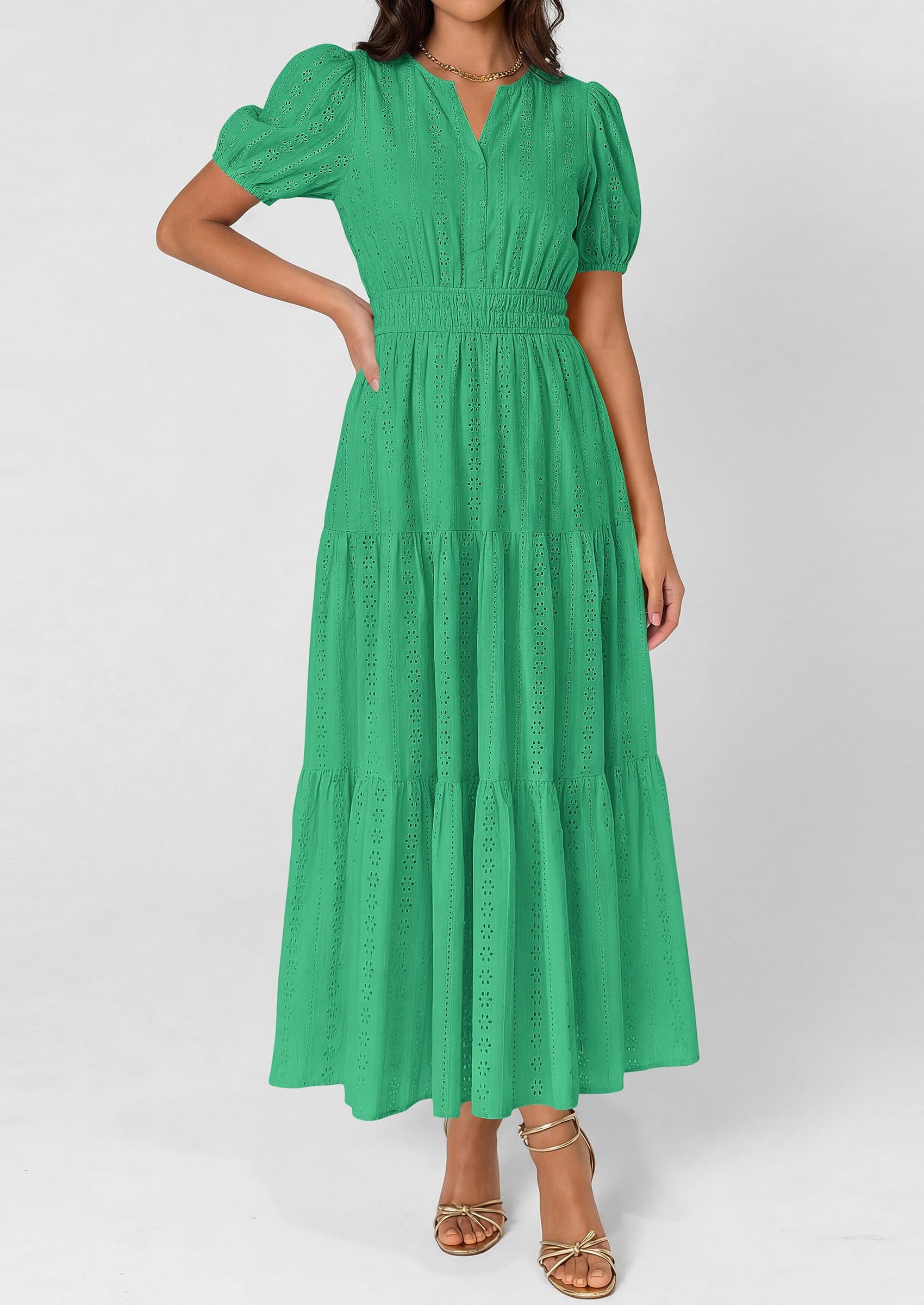 PRETTYGARDEN Womens Summer Maxi Dresses Casual Puff Sleeve V Neck Smocked Flowy Eyelet Cotton Dress Spring Sundress PRETTYGARDEN