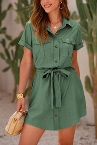 Casual Summer Short Sleeve Button Down V Neck Collared Belted Pocket Dresses