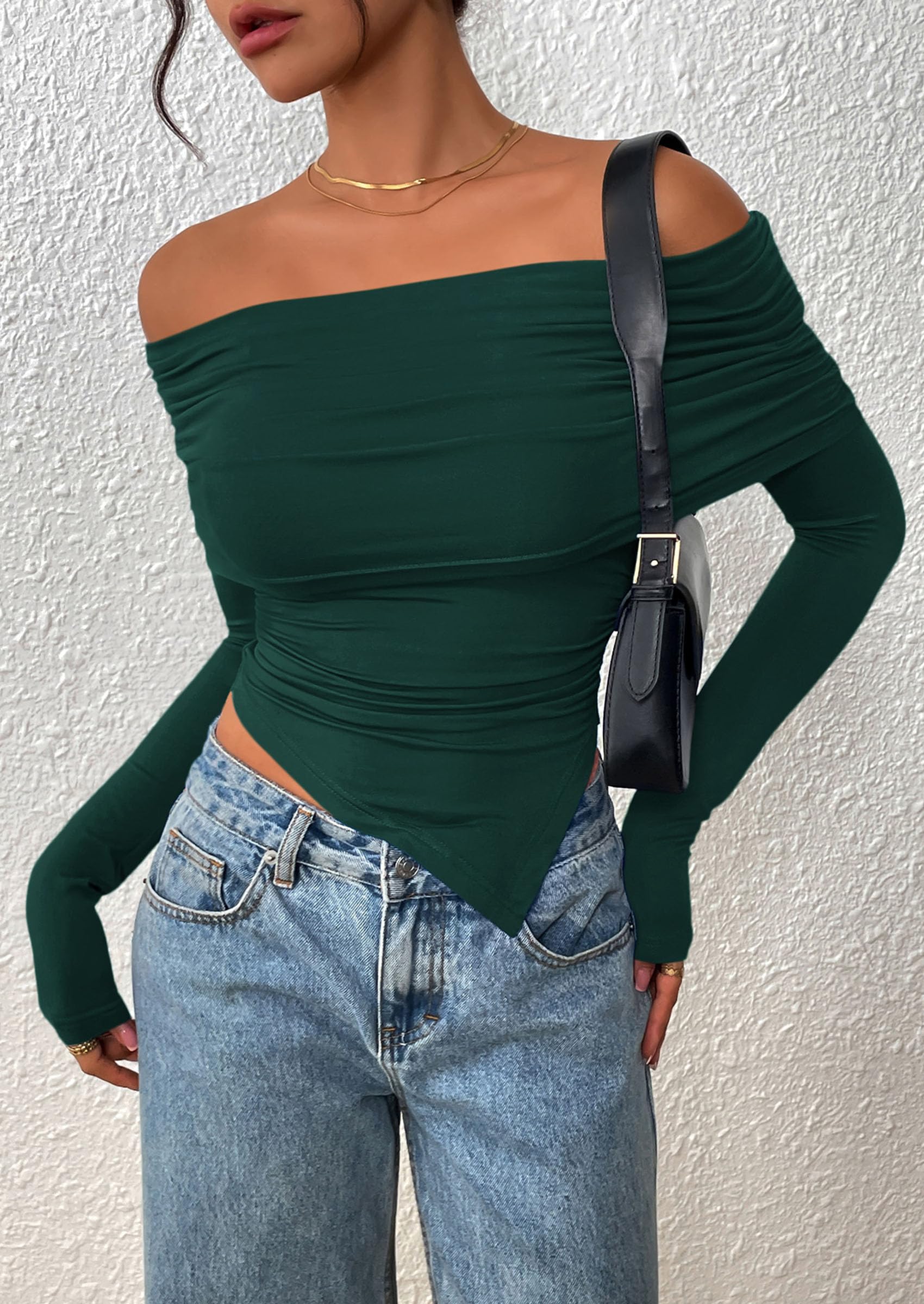 PRETTYGARDEN Women's Long Sleeve Shirts Off Shoulder Tops Going Out Slim Fitted Y2K Blouses Fall Fashion Clothes