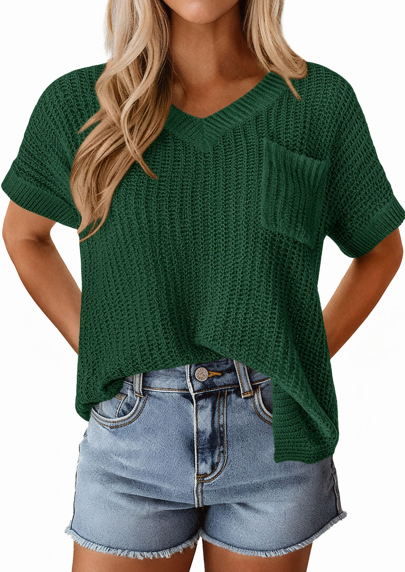 PRETTYGARDEN Women's Spring Short Sleeve Sweaters Lightweight V Neck Casual Going Out Summer T PRETTYGARDEN