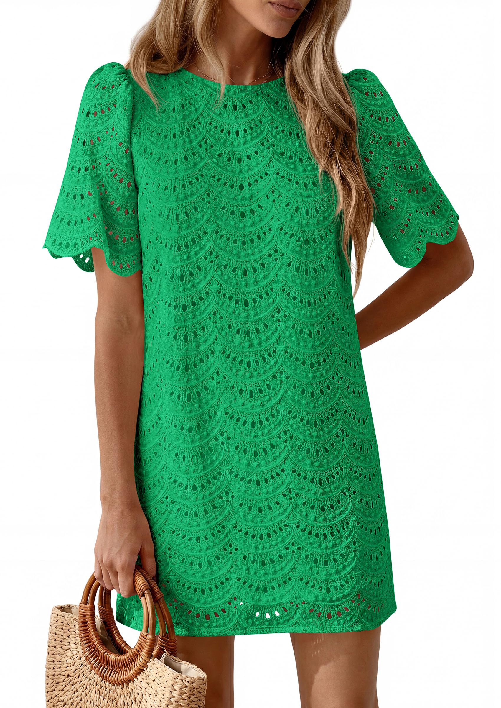 PRETTYGARDEN Women's Summer Casual Short Dresses Embroidered Lace Short Sleeve Boho Mini Dress Beach Vacation Clothes PRETTYGARDEN