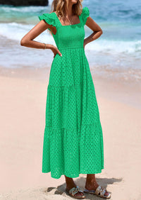 PRETTYGARDEN Womens Square Neck Maxi Dresses Cap Sleeve Eyelet Smocked Tiered A Line Flowy Long Dress with Pockets