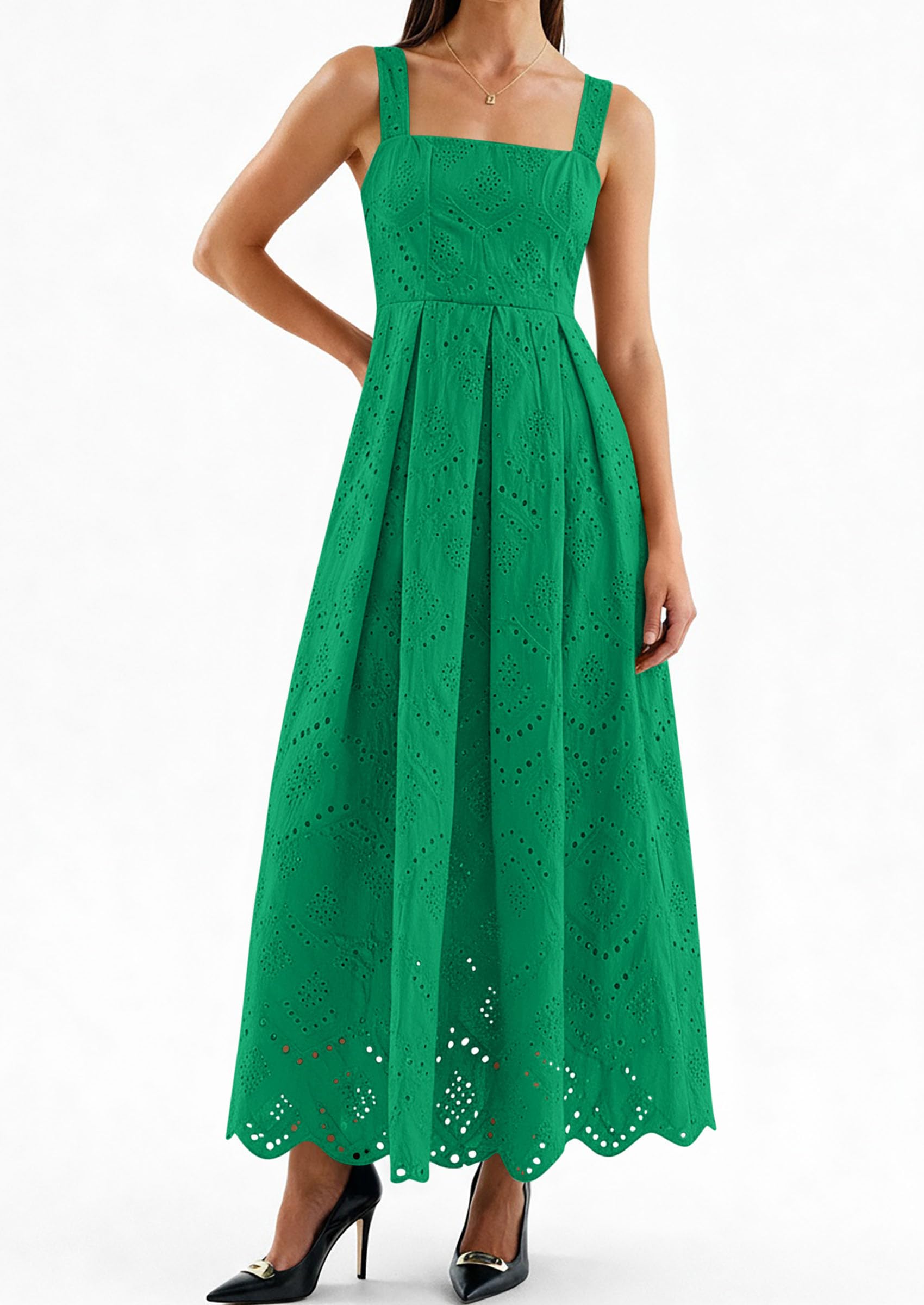 PRETTYGARDEN Womens Sleeveless Maxi Summer Dresses Hollow Out Eyelet Square Neck Ruffle Flowy Beach Vacation Sundress PRETTYGARDEN