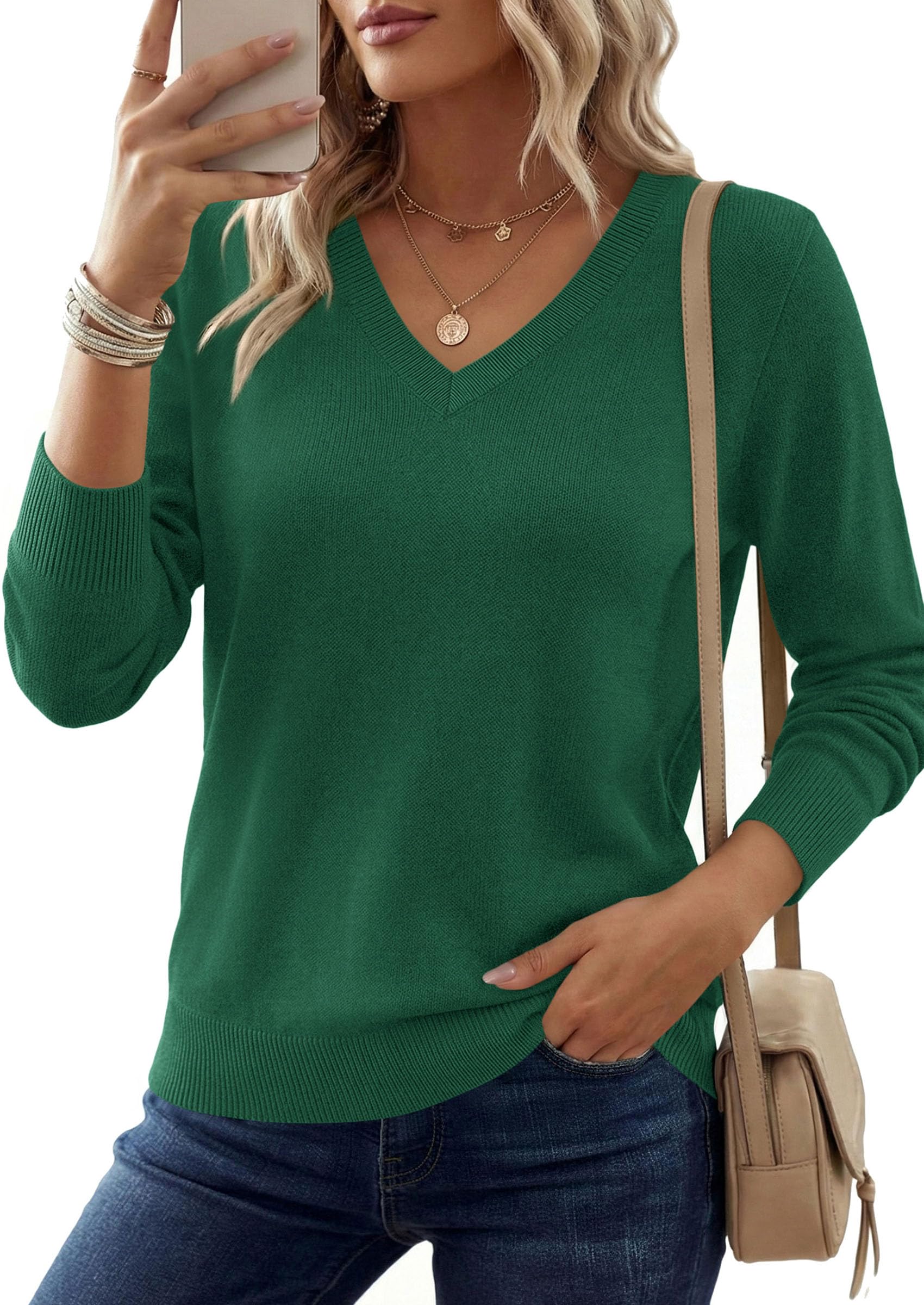 PRETTYGARDEN Women's V Neck Sweaters Fall Casual Long Sleeve Classic Pullover Cozy Knit Tops Loose Basic Winter Clothing PRETTYGARDEN