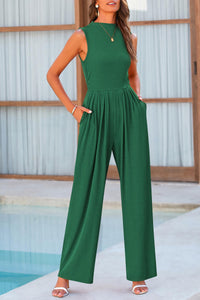 Summer One Piece Sleeveless Mock Neck Wide Leg Pants Rompers With Pockets