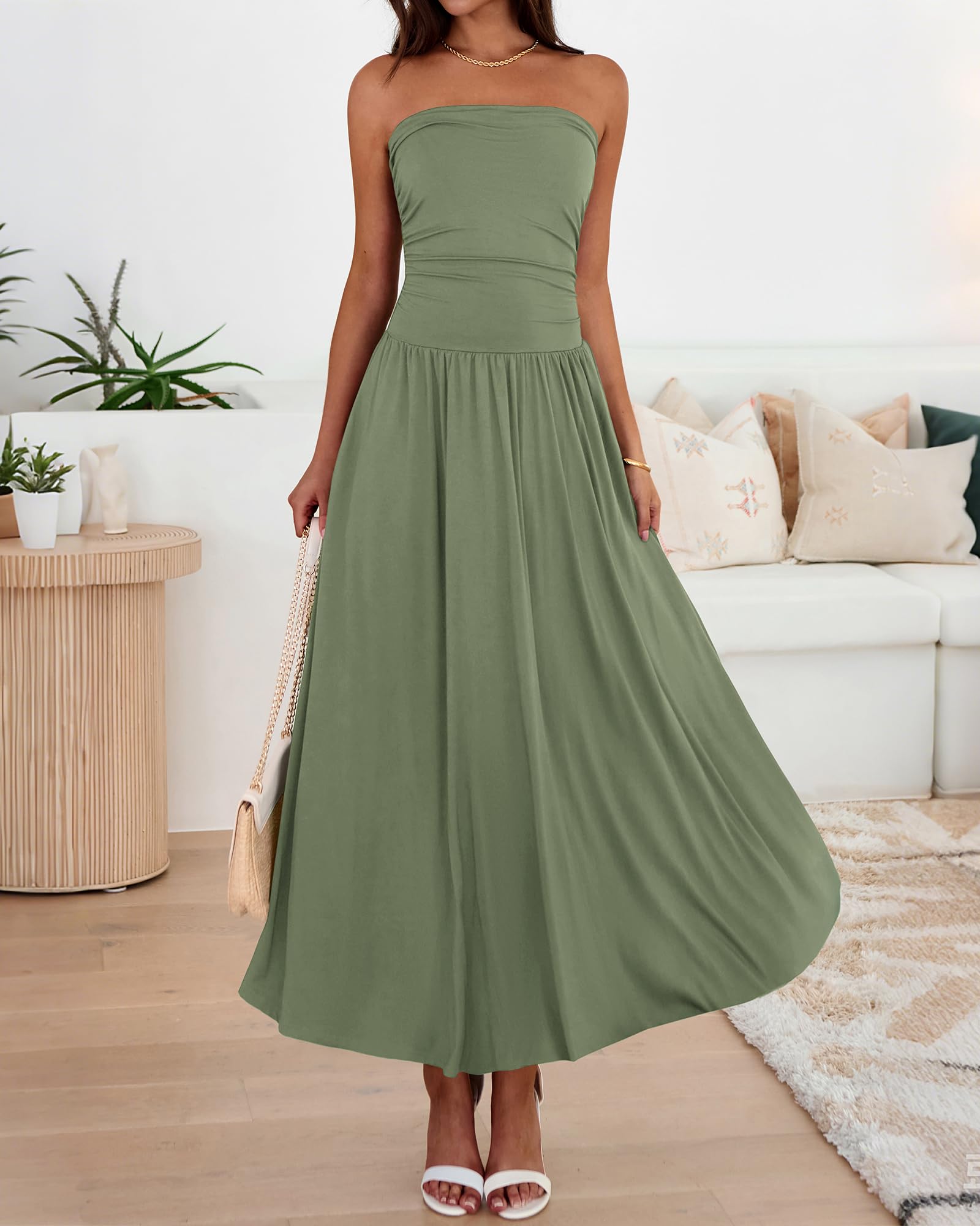 BTFBM Summer Maxi Dresses for Women Strapless Ruched Tube Top Beach Vacation Spring Wedding Guest Dress Pockets PRETTYGARDEN