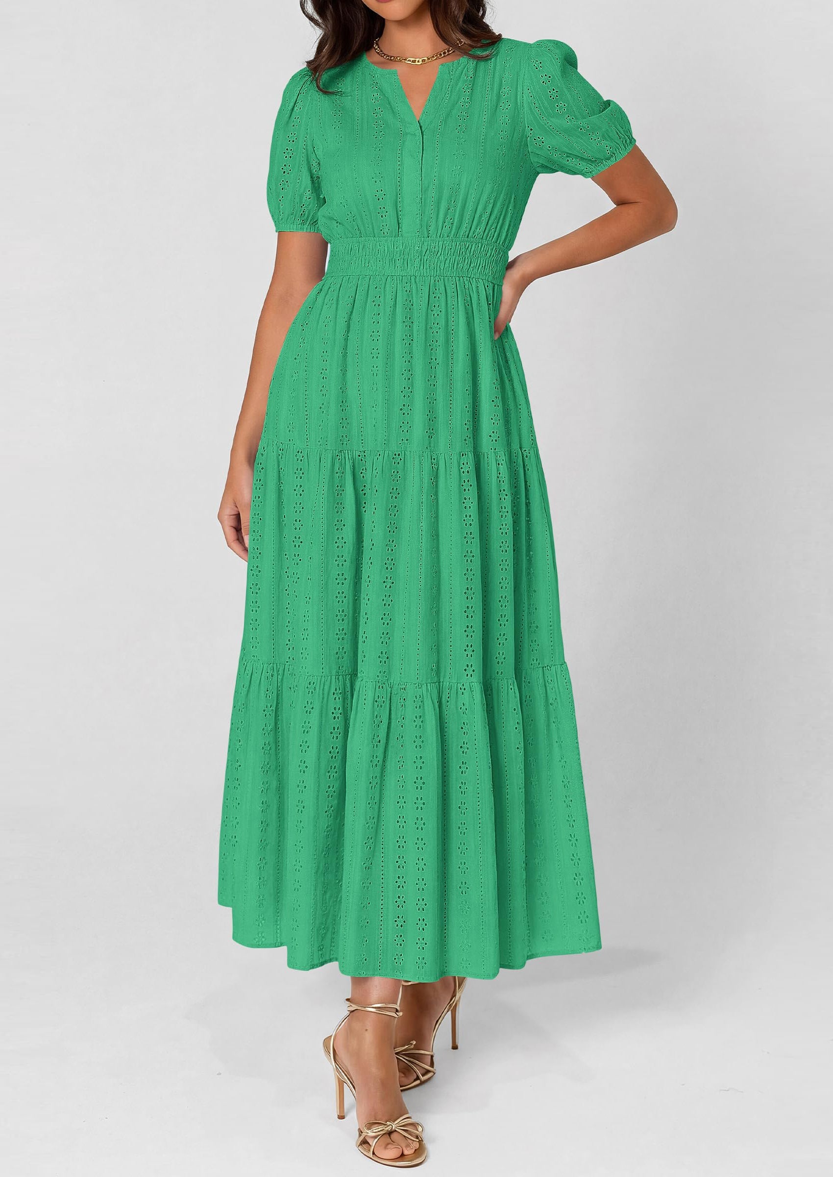 PRETTYGARDEN Womens Summer Maxi Dresses Casual Puff Sleeve V Neck Smocked Flowy Eyelet Cotton Dress Spring Sundress PRETTYGARDEN