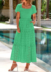 PRETTYGARDEN Dresses for Women Eyelet Square Neck Puff Sleeve Smocked Wedding Guest Maxi Dress with Pockets