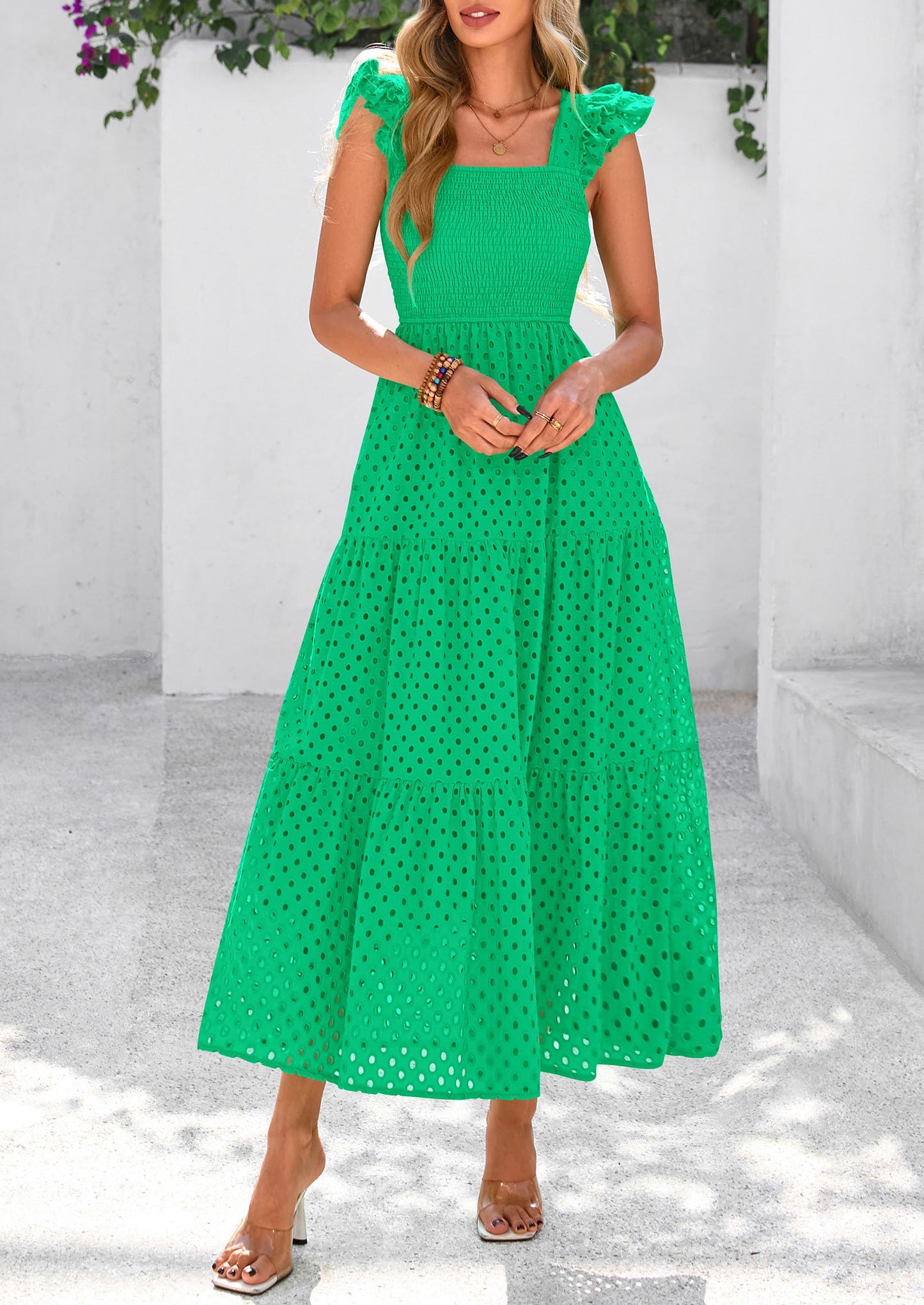 Womens Summer Square Neck Maxi Dresses Cap Sleeve Eyelet Smocked Tiered A Line Flowy Long Dress with Pockets