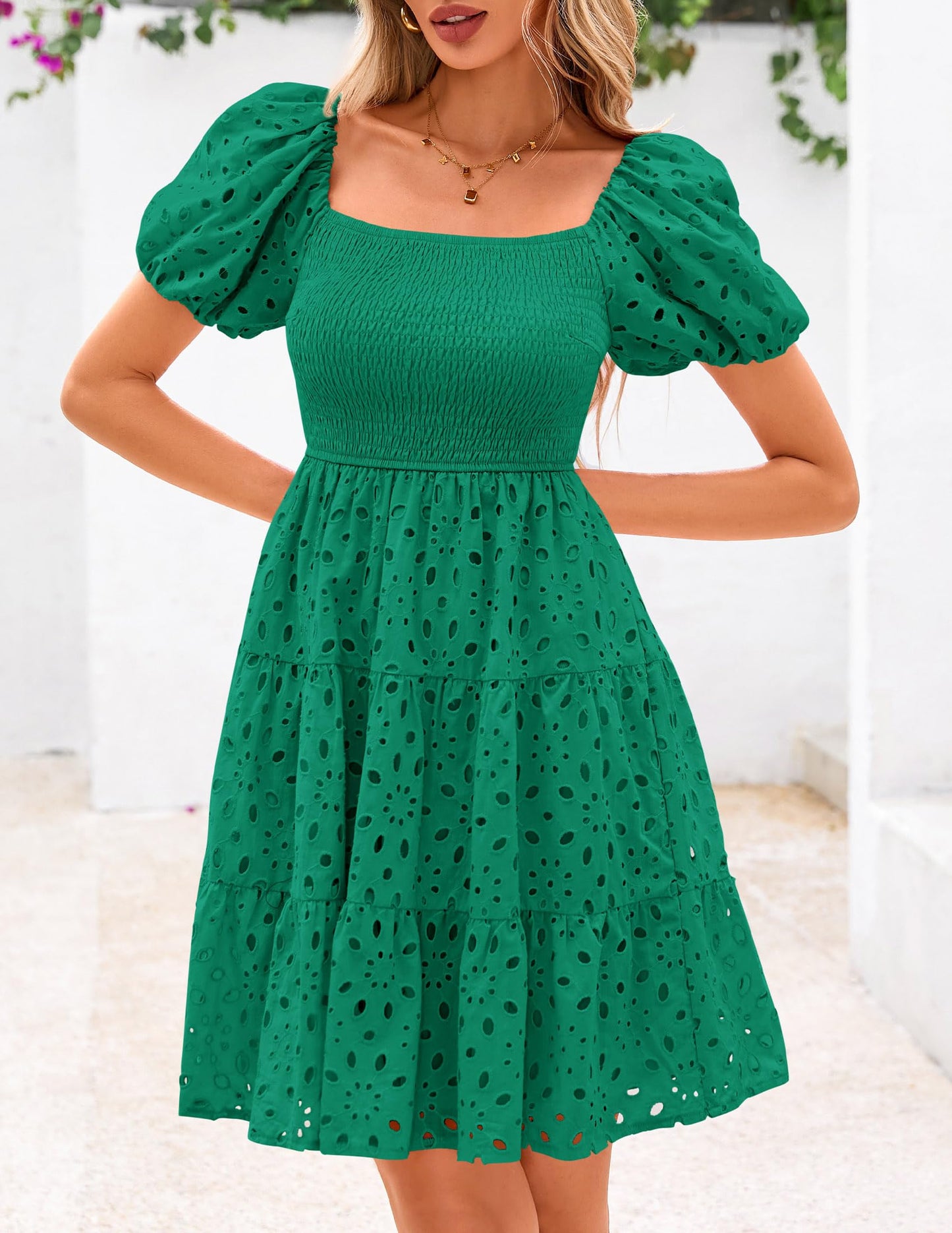 Womens Summer Puff Sleeve Mini Dress Off Shoulder Eyelet Smocked A Line Casual Babydoll Short Dresses