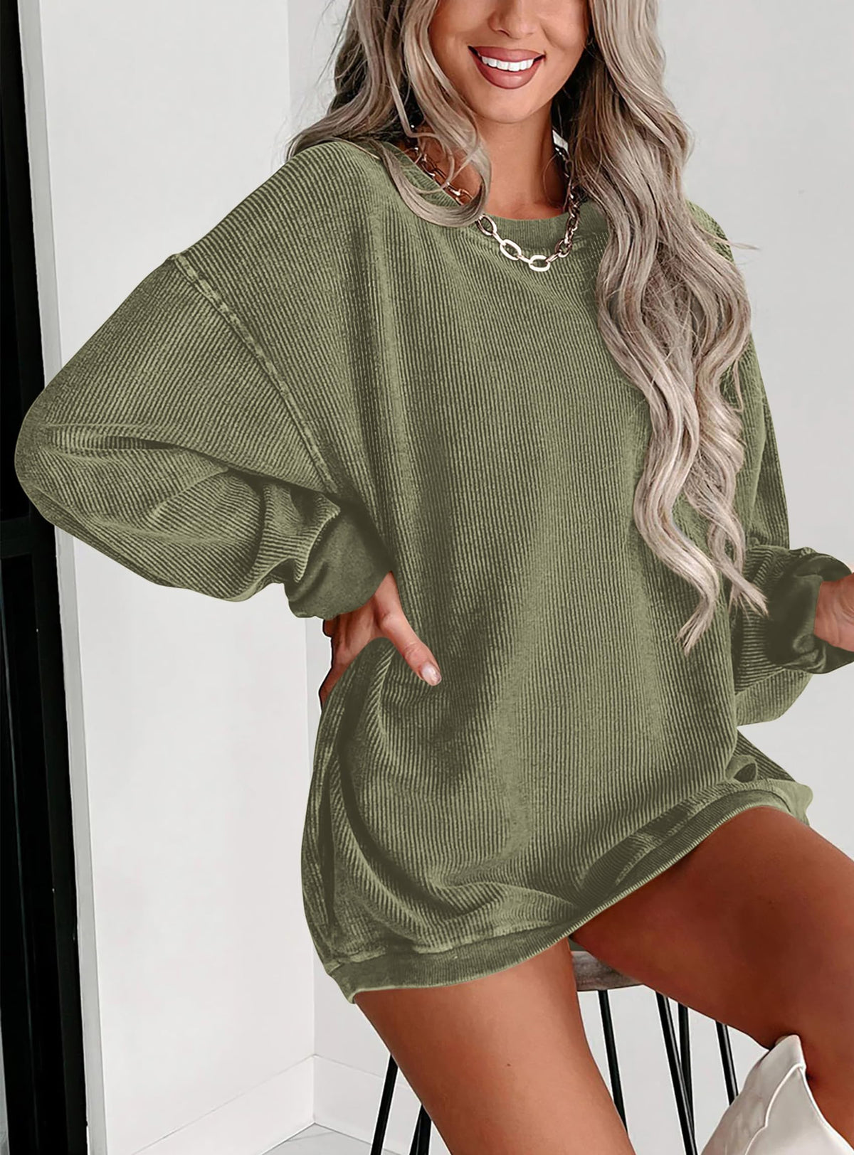 Women's Fall Oversized Sweatshirt Ribbed Corduroy Crewneck Long Sleeve Loose Fit Casual Going Out Pullover Tops