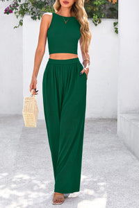 Womens Summer 2 Piece Sets Ribbed Knit Crew Neck Sleeveless Crop Tank Tops Wide Leg Pants Casual Lounge Set