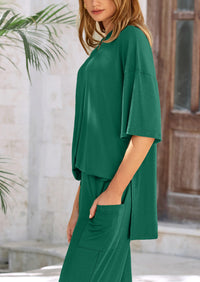 PRETTYGARDEN Women's 2 Piece Outfits Casual Short Sleeve Pullover Tops and Wide Leg Pants Lounge Sets Tracksuits