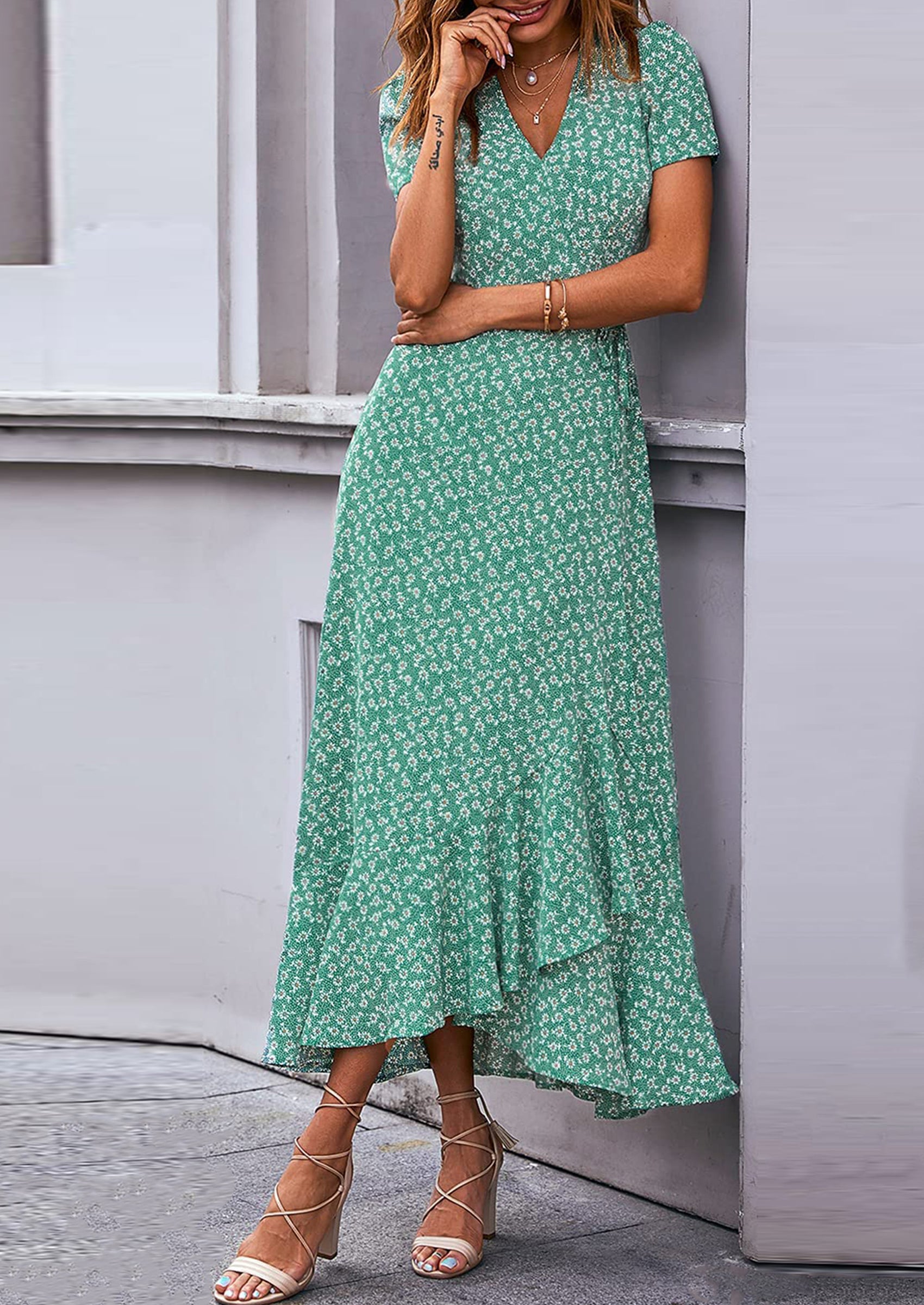 PRETTYGARDEN Women's Summer Maxi Dress Casual Wrap Floral Boho Short Sleeve V Neck Split Ruffle Beach Long Dresses