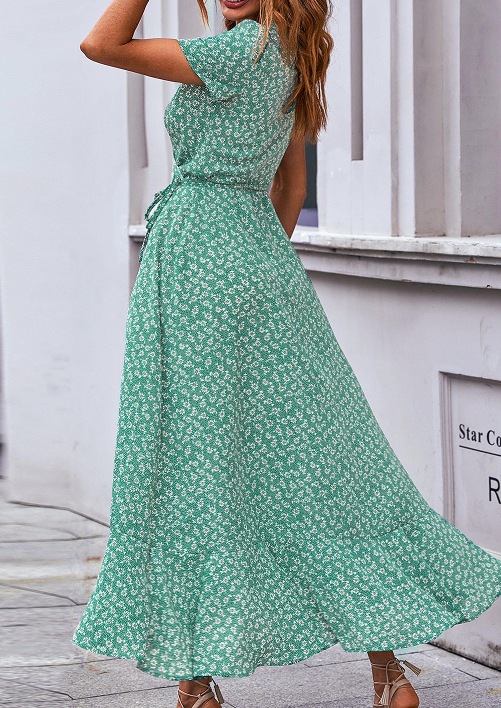 PRETTYGARDEN Women's Summer Maxi Dress Casual Wrap Floral Boho Short Sleeve V Neck Split Ruffle Beach Long Dresses