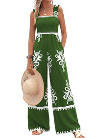 PRETTYGARDEN Womens Jumpsuit Casual One Piece Boho Summer Outfits Shirred Strap Wide Leg Long Pants Rompers With Pockets