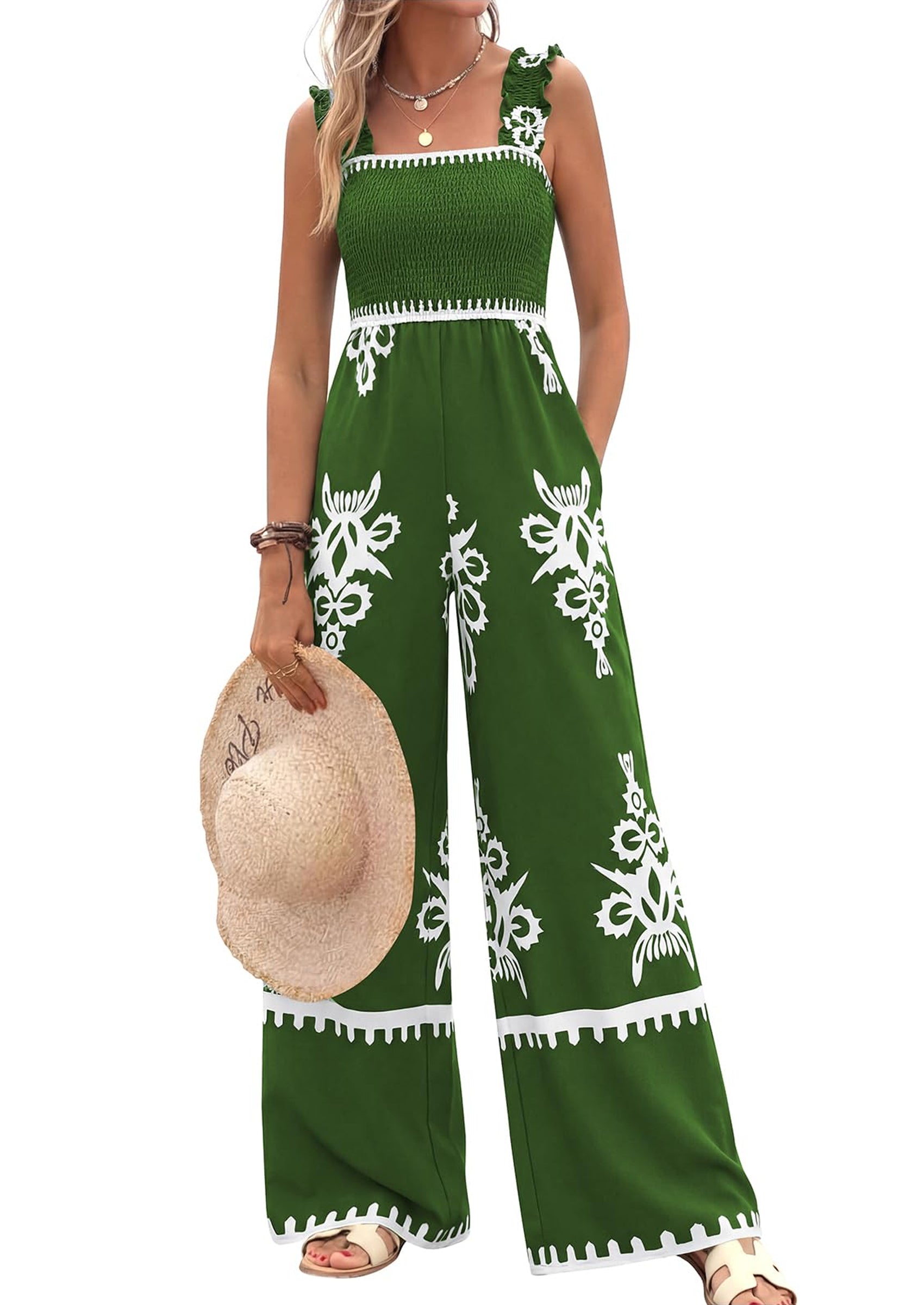 PRETTYGARDEN Womens Jumpsuit Casual One Piece Boho Summer Outfits Shirred Strap Wide Leg Long Pants Rompers With Pockets