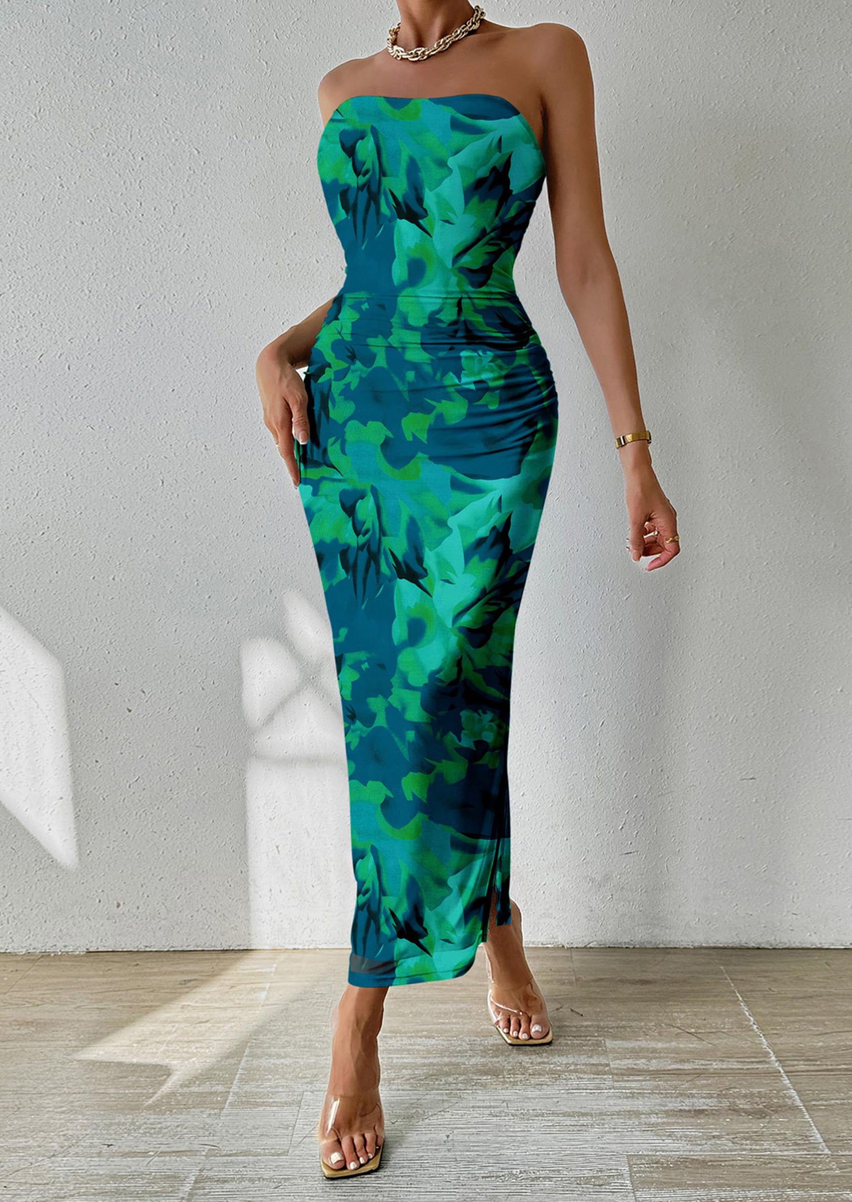 PRETTYGARDEN Women's Maxi Bodycon Dresses Strapless Tube Top Slit Floral Printed Party Club Long Dress