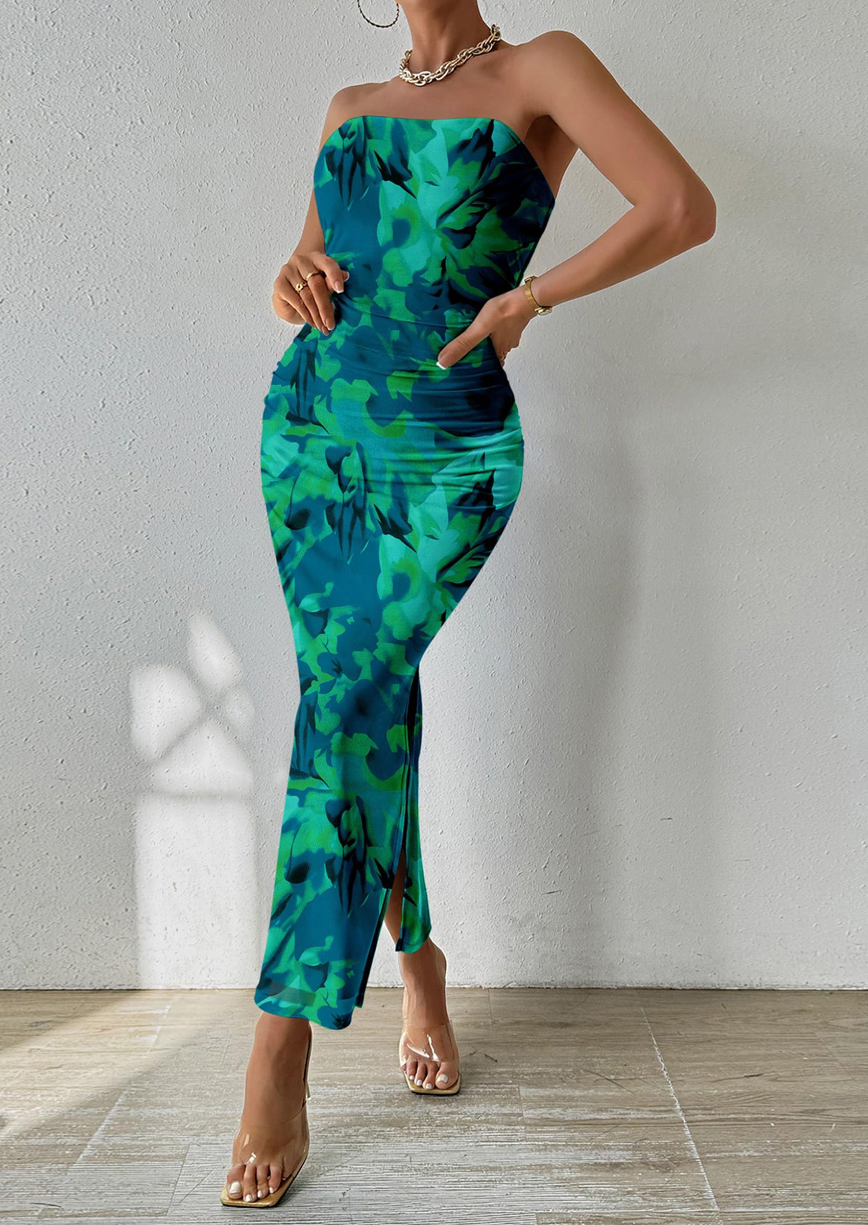 PRETTYGARDEN Women's Maxi Bodycon Dresses Strapless Tube Top Slit Floral Printed Party Club Long Dress