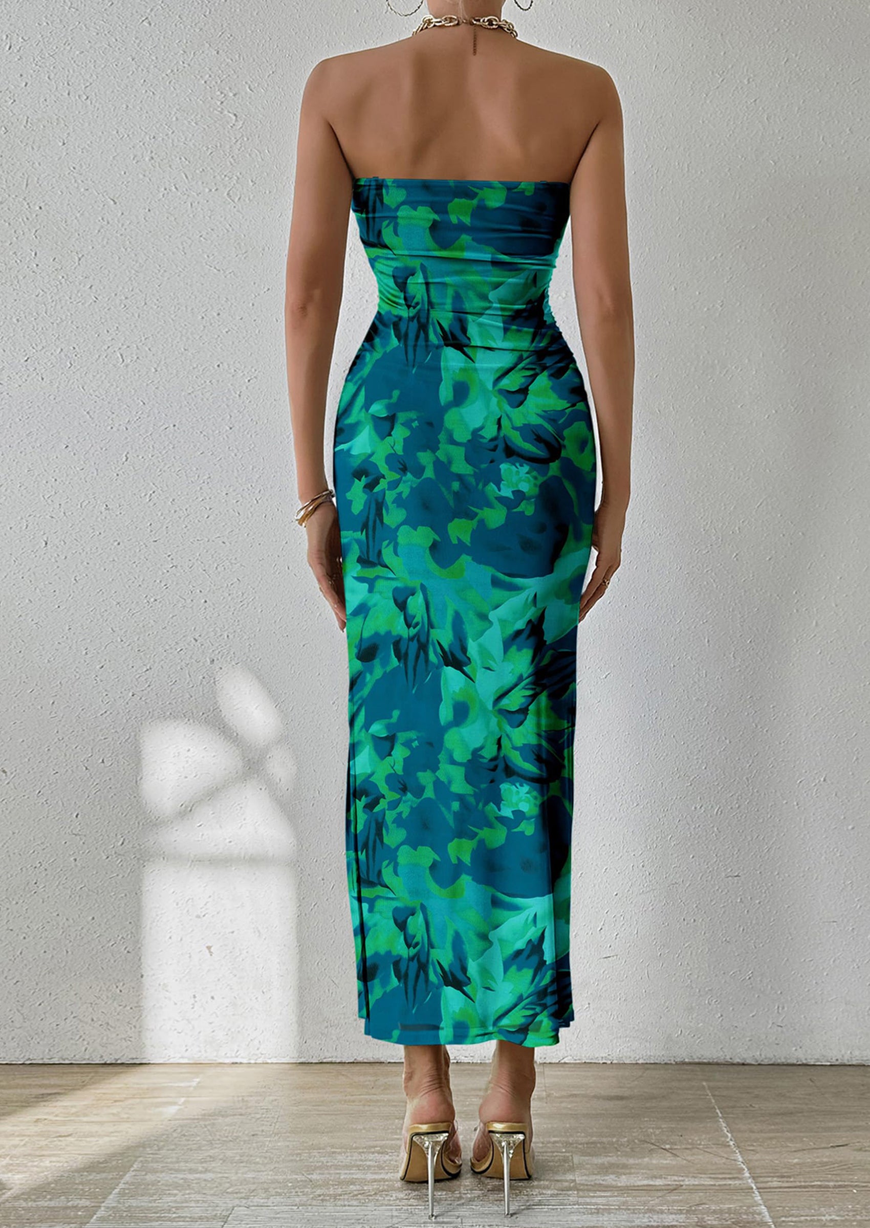 PRETTYGARDEN Women's Maxi Bodycon Dresses Strapless Tube Top Slit Floral Printed Party Club Long Dress